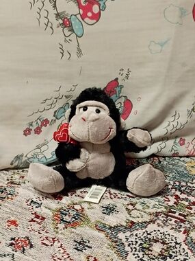 Black and Gray Plush Monkey with Red Heart - Cute Kids Stuffed Animal